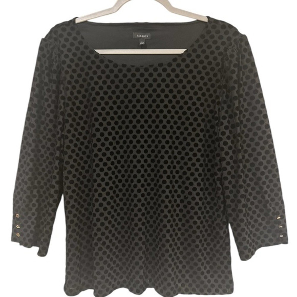 Talbots Women Blouse Black Large Polka Dot Velvet Burnout 3/4 Sleeve Gold Button